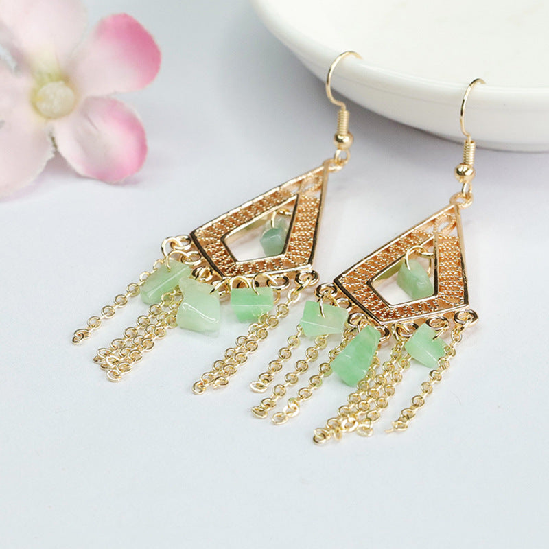 Geometric Irregular Tassel Sterling Silver Jade Earrings