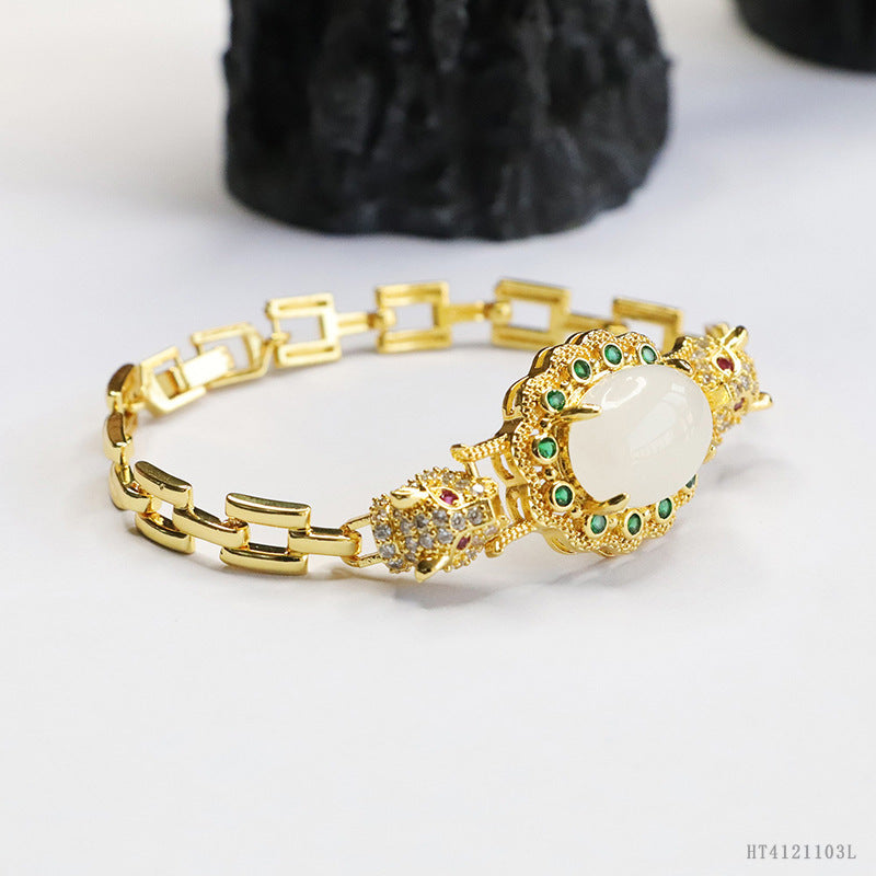 White Hetian Jade Leopard Motif Bracelet