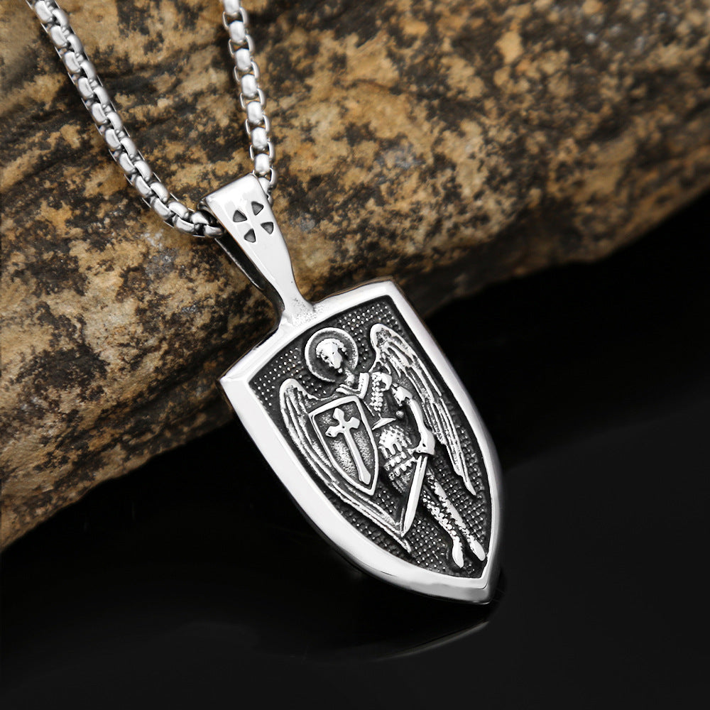 Retro Angel Cross Shield Pendant Necklace for Men