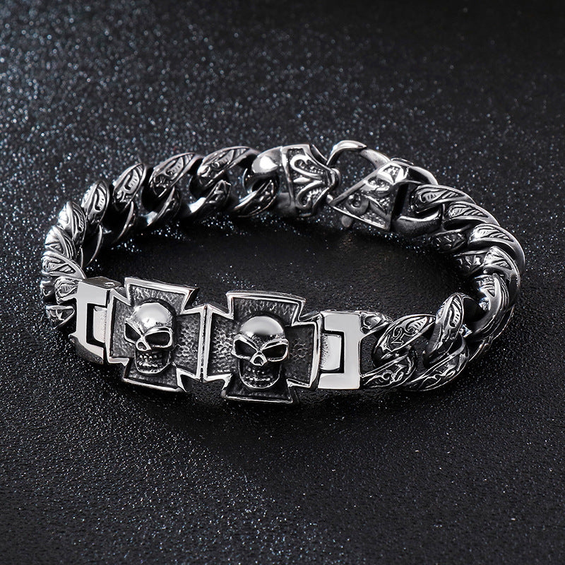 Antique Hand – Trends Skull Cross Inlaid With Zircon Titanium Steel Bracelet Men