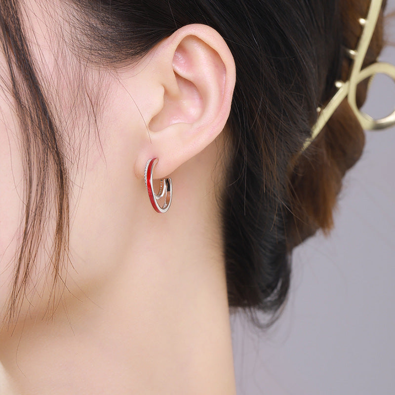 S925 Sterling Silver Enamel Line Earrings with Zircon, Original Design