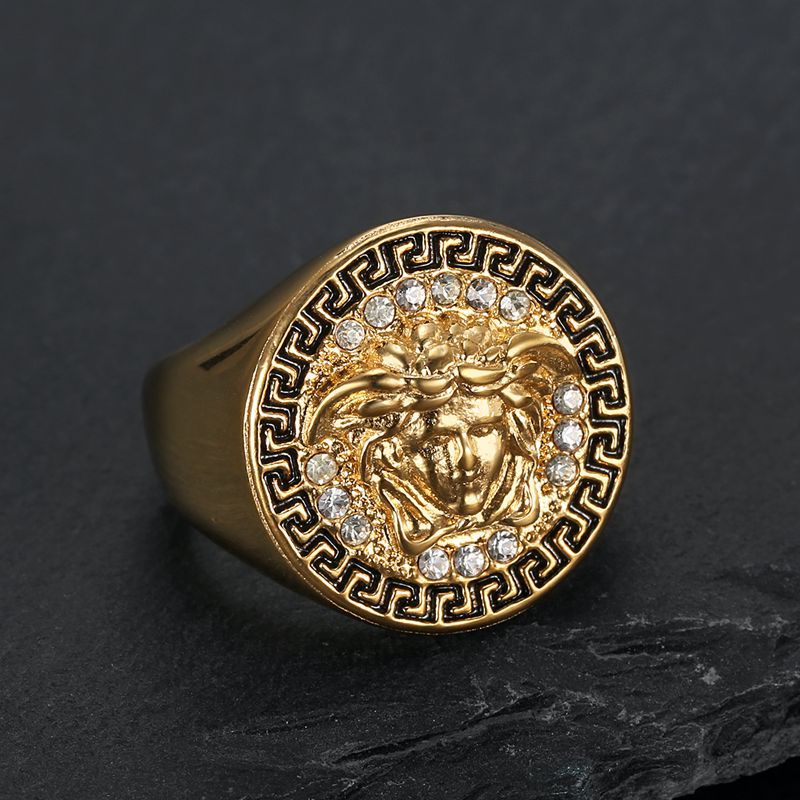 Planderful Everyday Genie Hip Hop Ring Titanium Steel Gold Plated Rhinestone Greek Mythology Head Mens