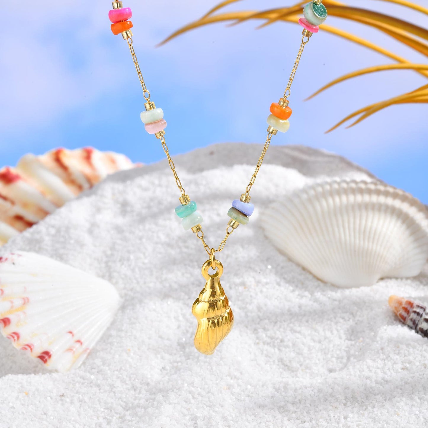 Summer Seaside Vacation Wind Small Fresh Ocean Wind Stainless Steel Colored Stone Conch Necklace