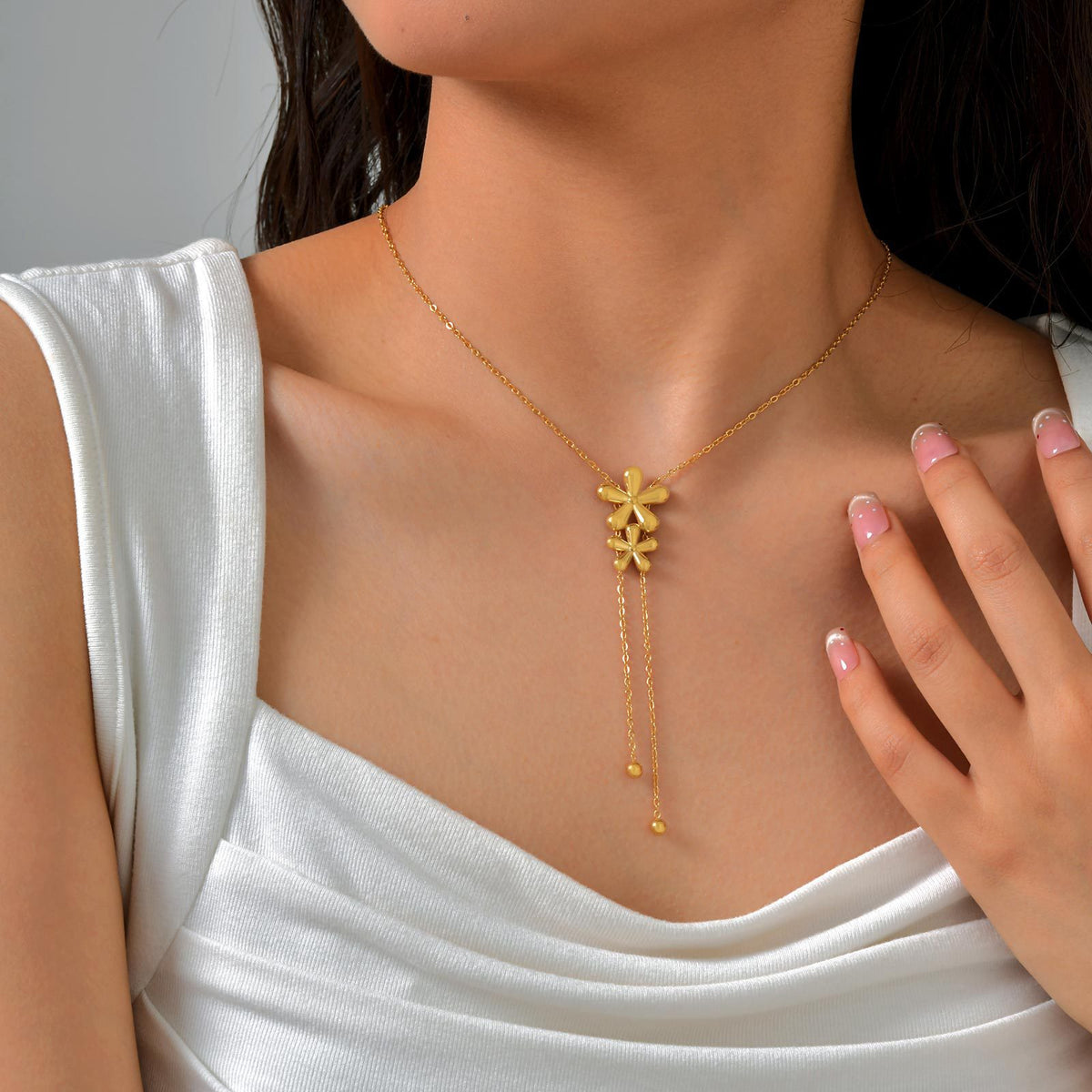 Style Women Stainless Steel Flat Cross Chain Double Flower Y-Shaped Necklace Gold
