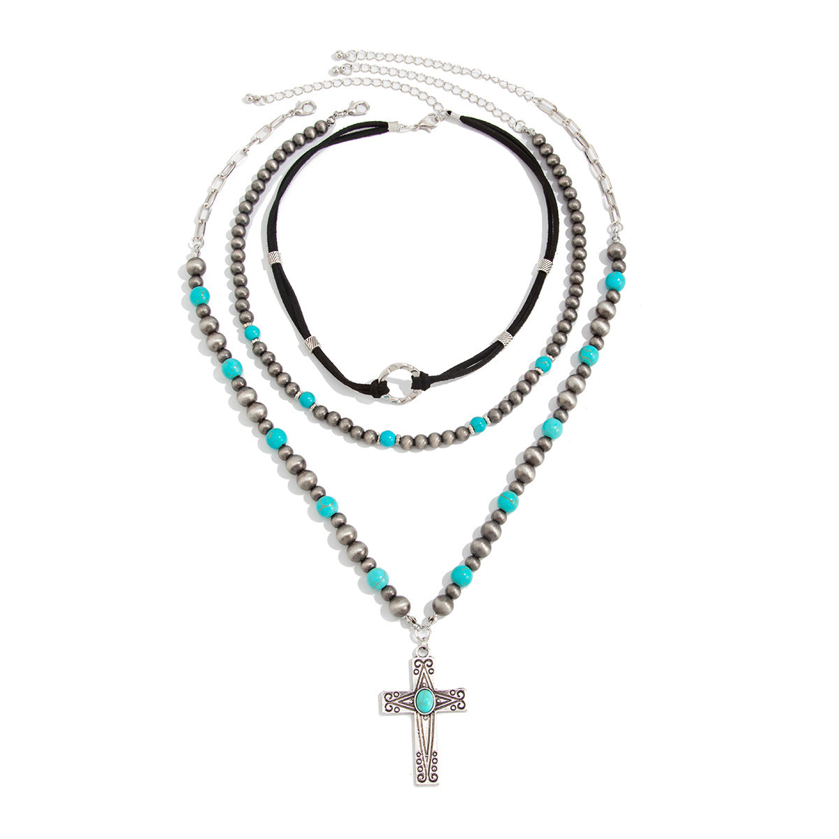 Retro Imitation Turquoise Stacked Western Denim National Cactus Cow Head Pendant Neck Necklace