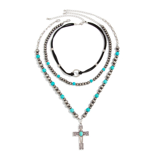Retro Imitation Turquoise Stacked Western Denim National Cactus Cow Head Pendant Neck Necklace