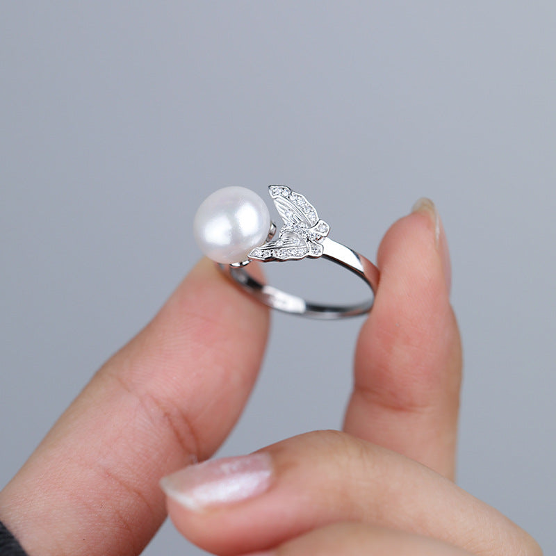 S925 Sterling Silver Freshwater Pearl Butterfly Ring — Adjustable