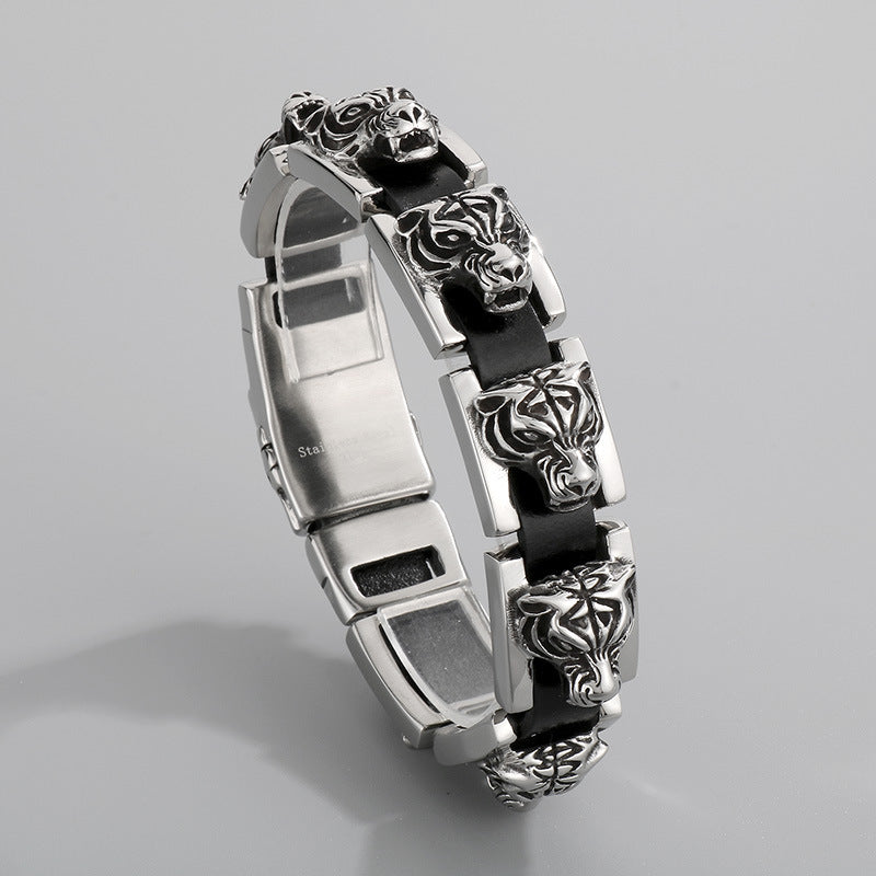 Halloween Skull – Tiger Head Faucet Stainless Steel Men's Wide Bracelet
