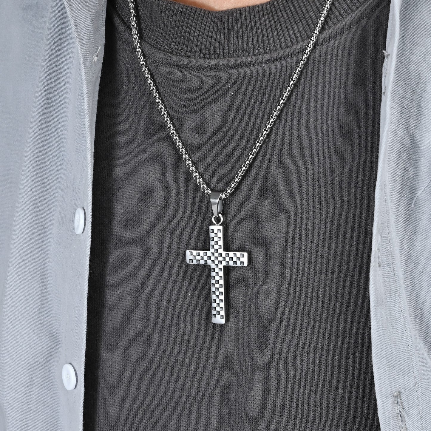 Planderful Titanium Steel Cross Necklace For Men And Women With Black And White Grid Racing Flag Pendant