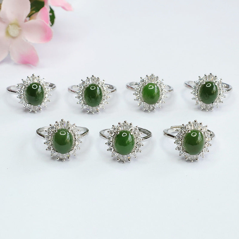 Fortune's Glow Hetian Jade Sterling Silver Ring with Green Jasper, Zircon, and Sunflower Detail