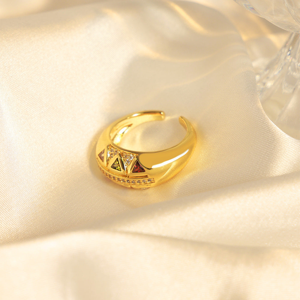 Retro Geometric Copper Zircon Open Ring - Court Style Luxury Jewelry