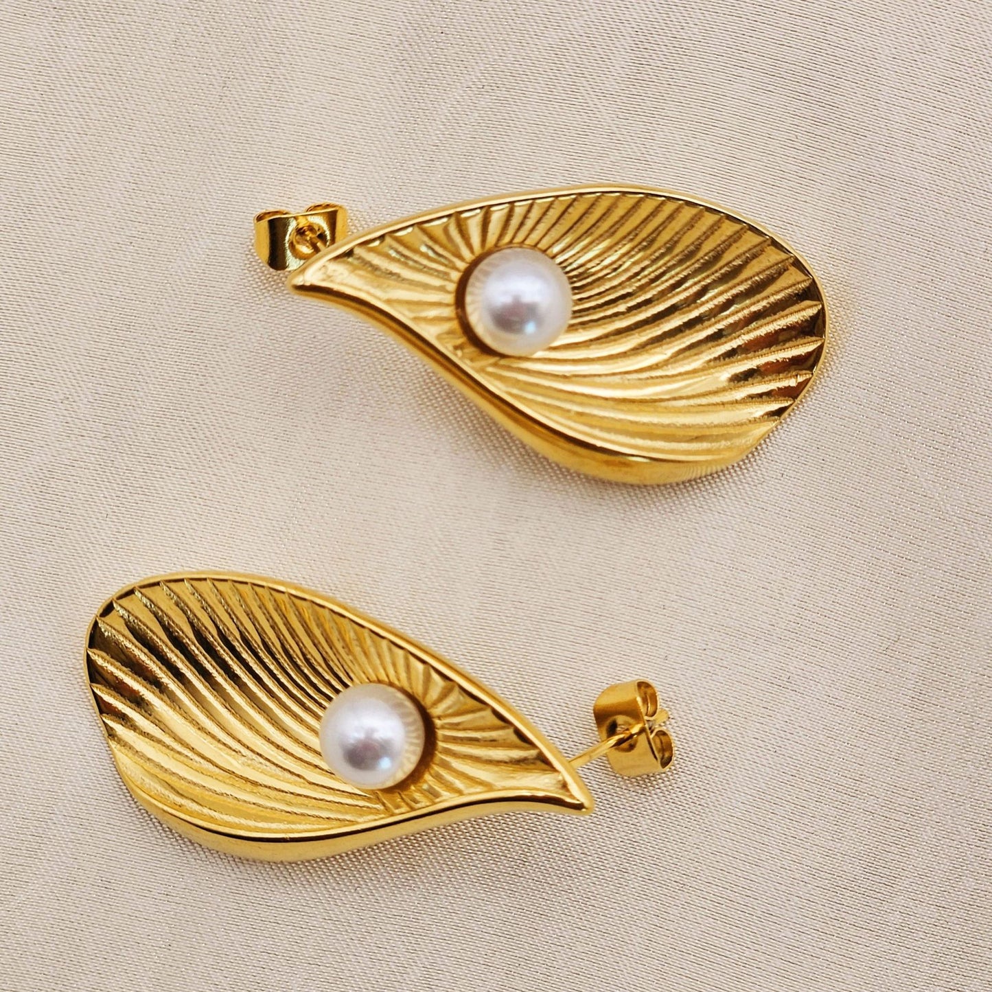 Planderful Everyday Genie Steel Earrings Pearl Ginkgo Biloba Stripe Statement Retro Court Style For Women