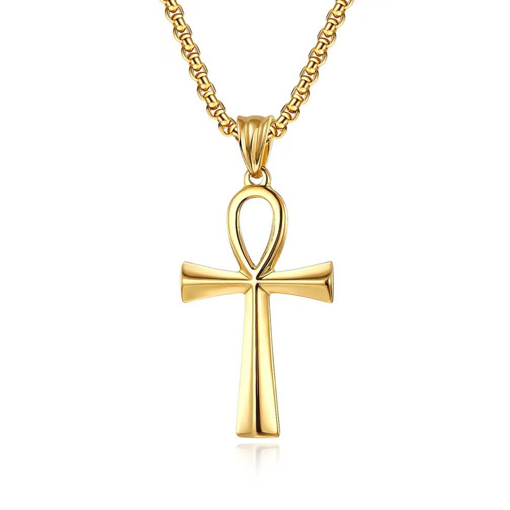 Planderful Everyday Genie Ancient Egyptian Cross Pendant Necklace Unisex Glossy Titanium Steel Jewelry