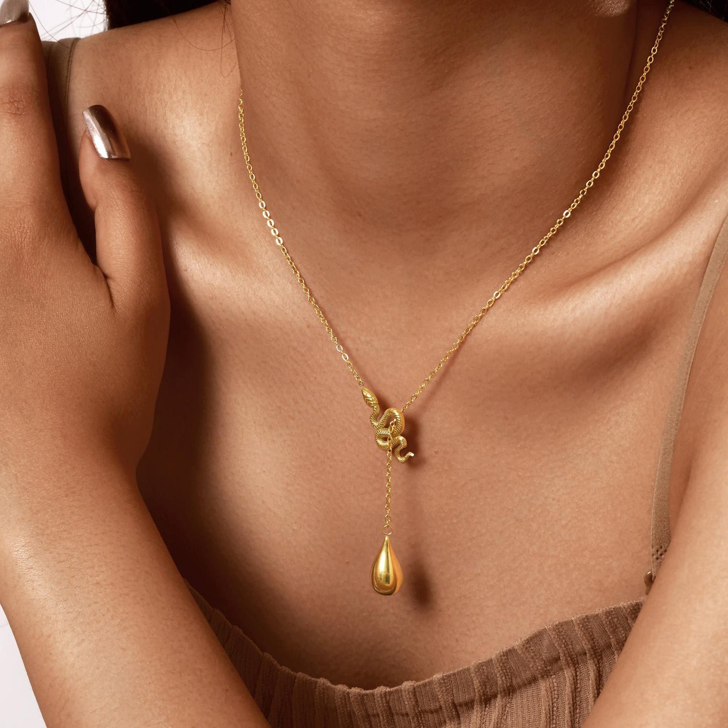 Ladies – Stainless Steel Gold Plated Snake Drop Y Necklace