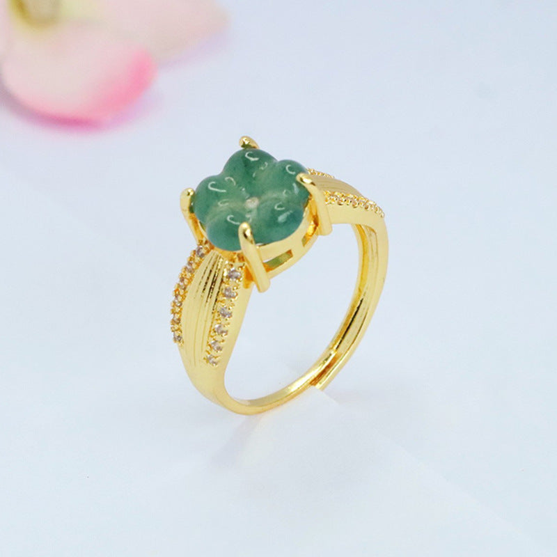 Blue Water Jadeite Four-Leaf Clover 10 mm Ring