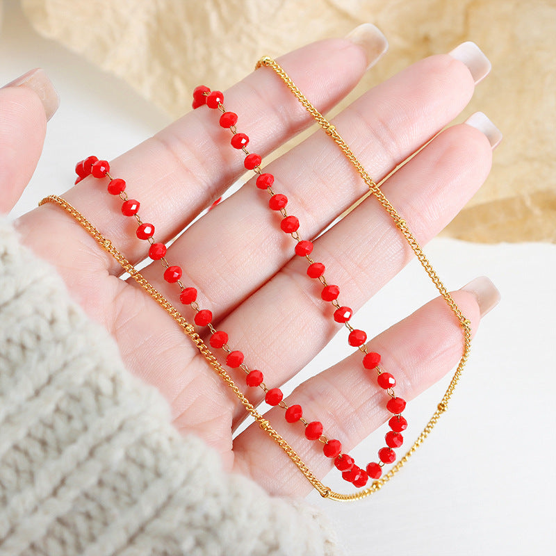 Luxurious Titanium Steel Necklace with Glass Beads for Elegant Women