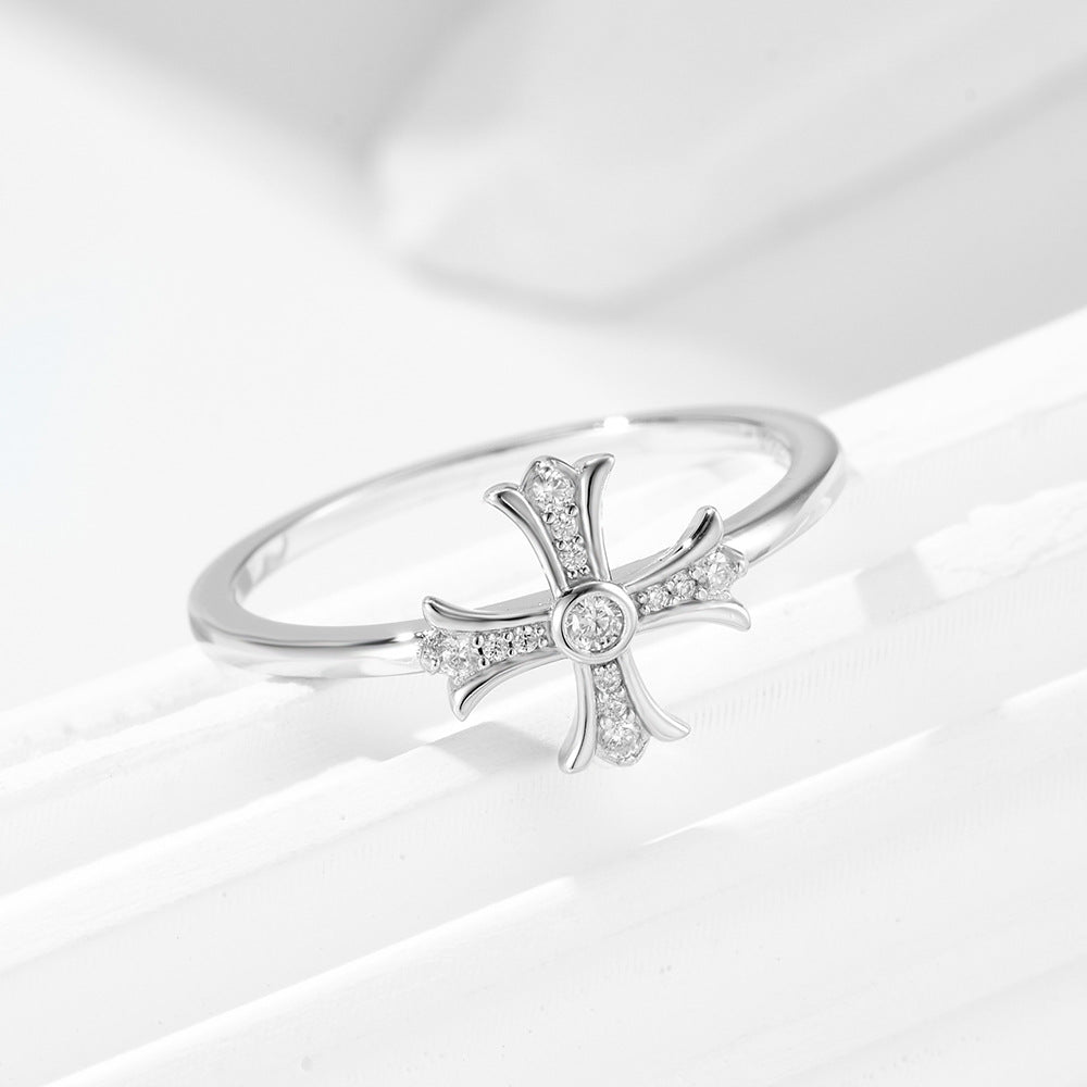 S925 Sterling Silver Zircon Cross Ring Retro Ring