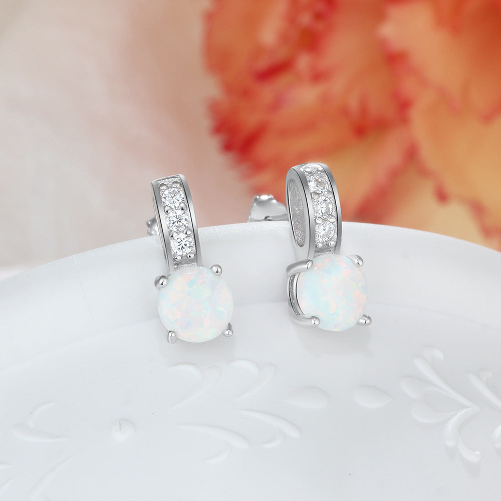 Planderful Jewelry Opal Stud Earrings In Sterling Silver With Zircon Crystals For Everyday Elegance