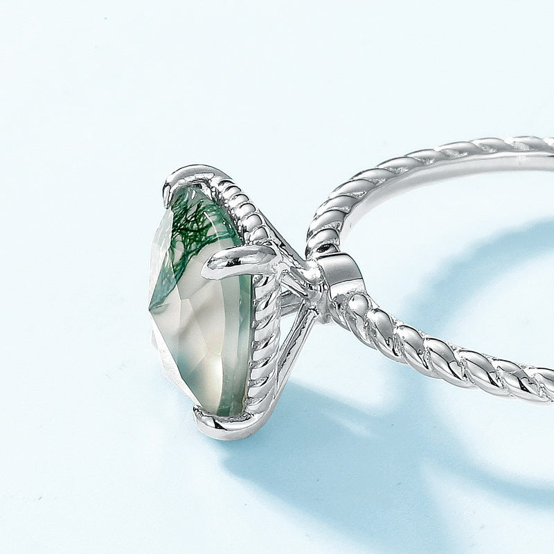 S925 Sterling Silver Moss Agate Dainty Ring