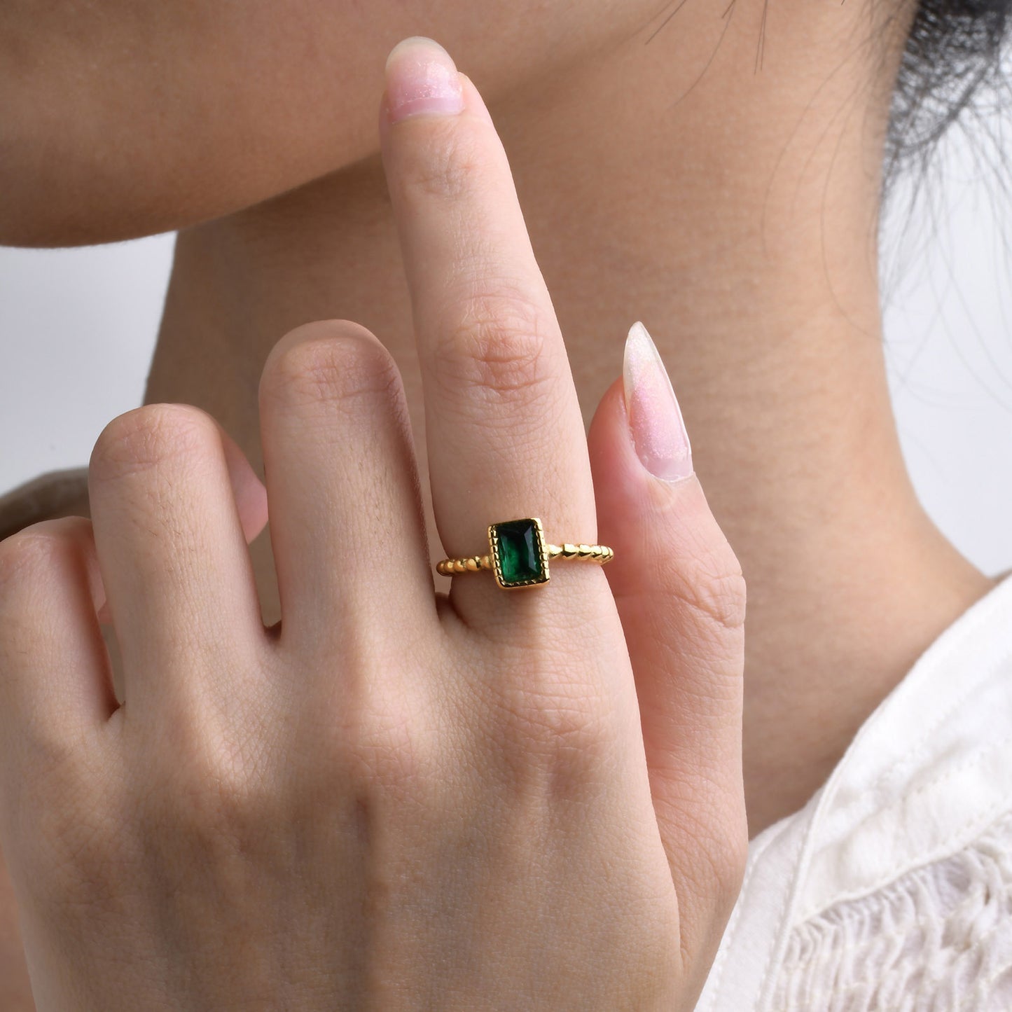 European And American Rings Fashion Personality Stainless Steel Square Green Zircon Ring Gold For Women