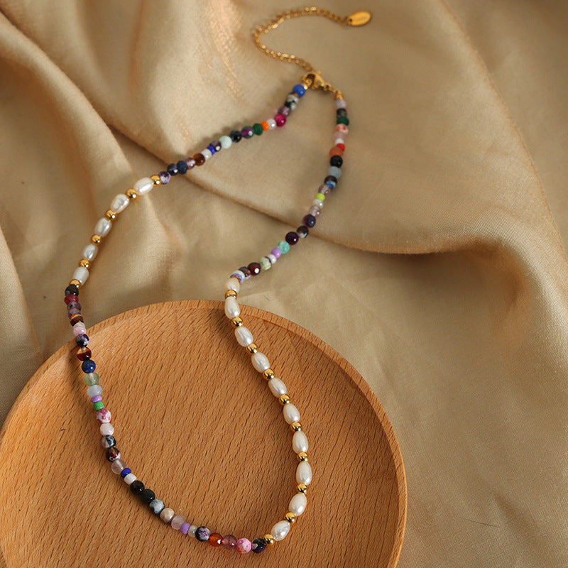 Luxurious Handcrafted Natural Stone and Freshwater Pearl Necklace - Elegant European Style