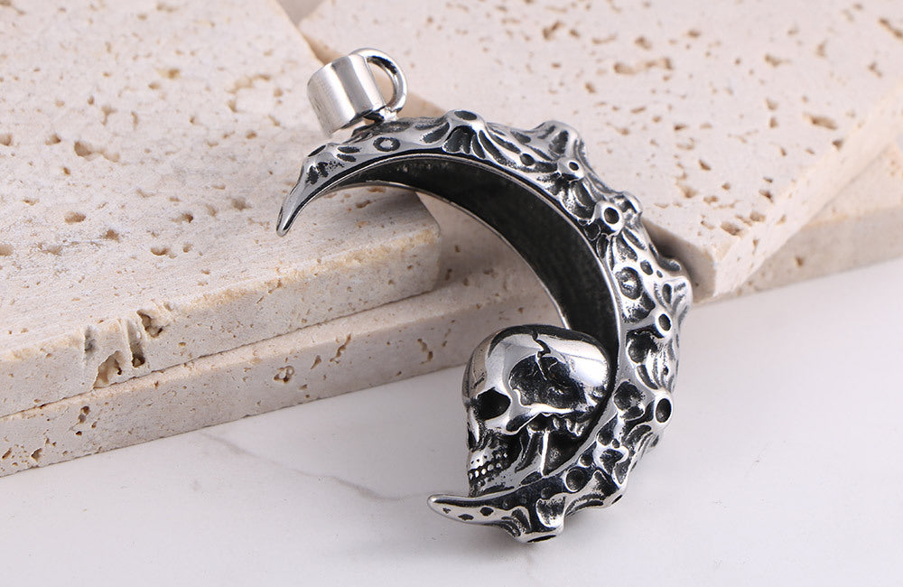 Titanium Steel Crescent Moon Skull Pendant Necklace for Men - Exaggerated Retro Design by Planderful
