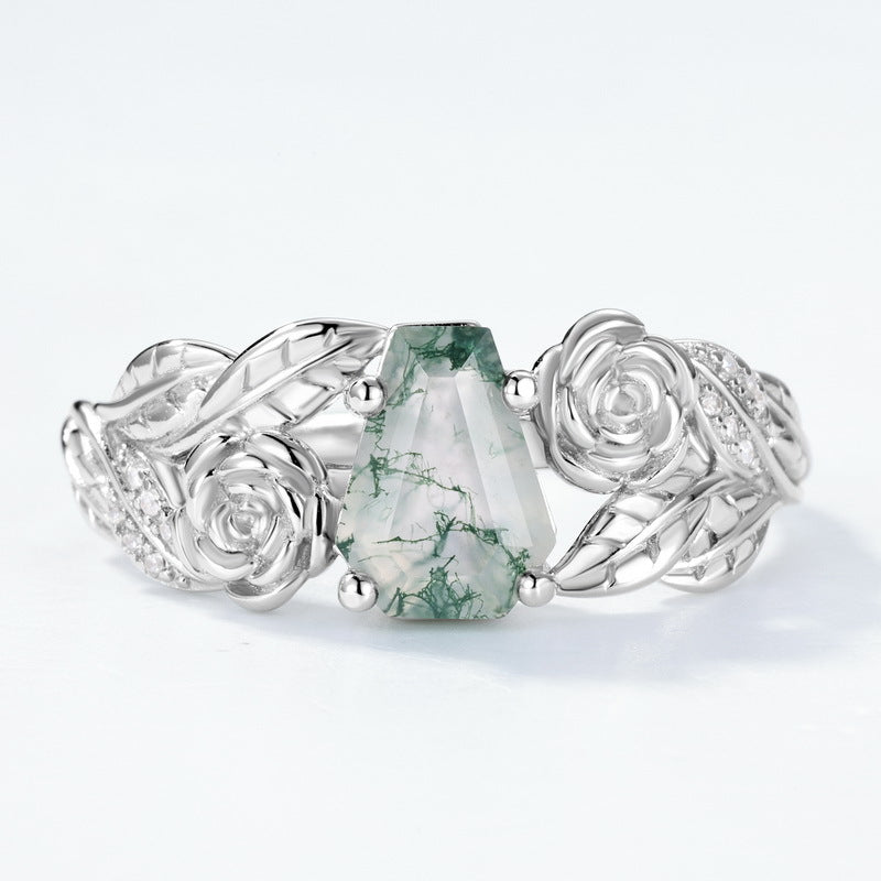 Planderful Jewelry Geometric Agate Sterling Silver Ring with Natural Green Mossy Stone and Aquatic Plants Design