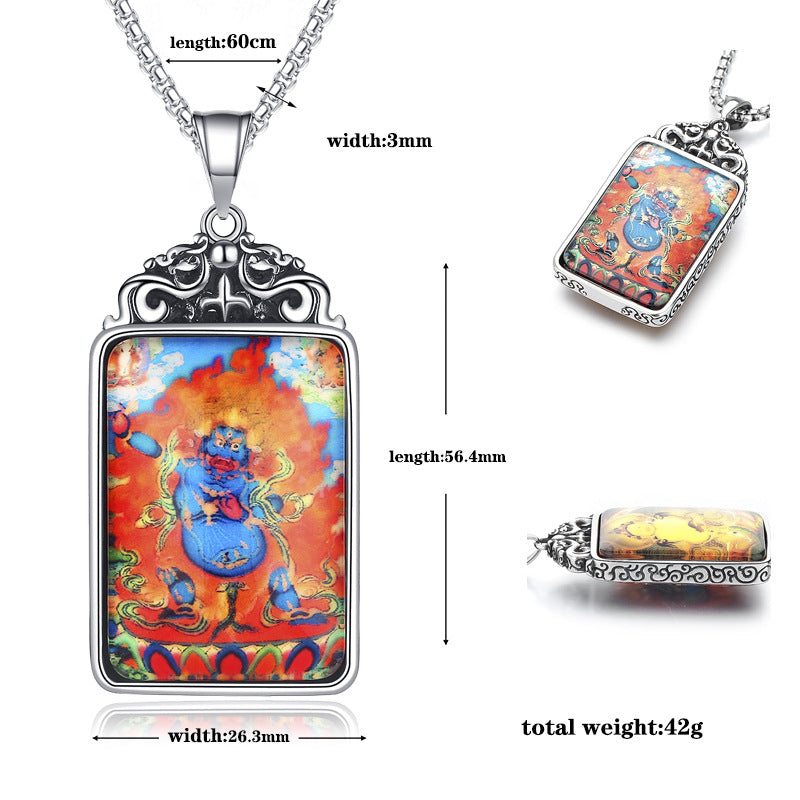 Steel Necklace - Vintage Ethnic Thangka Double-Sided Pendant For Everyday Boho Wear