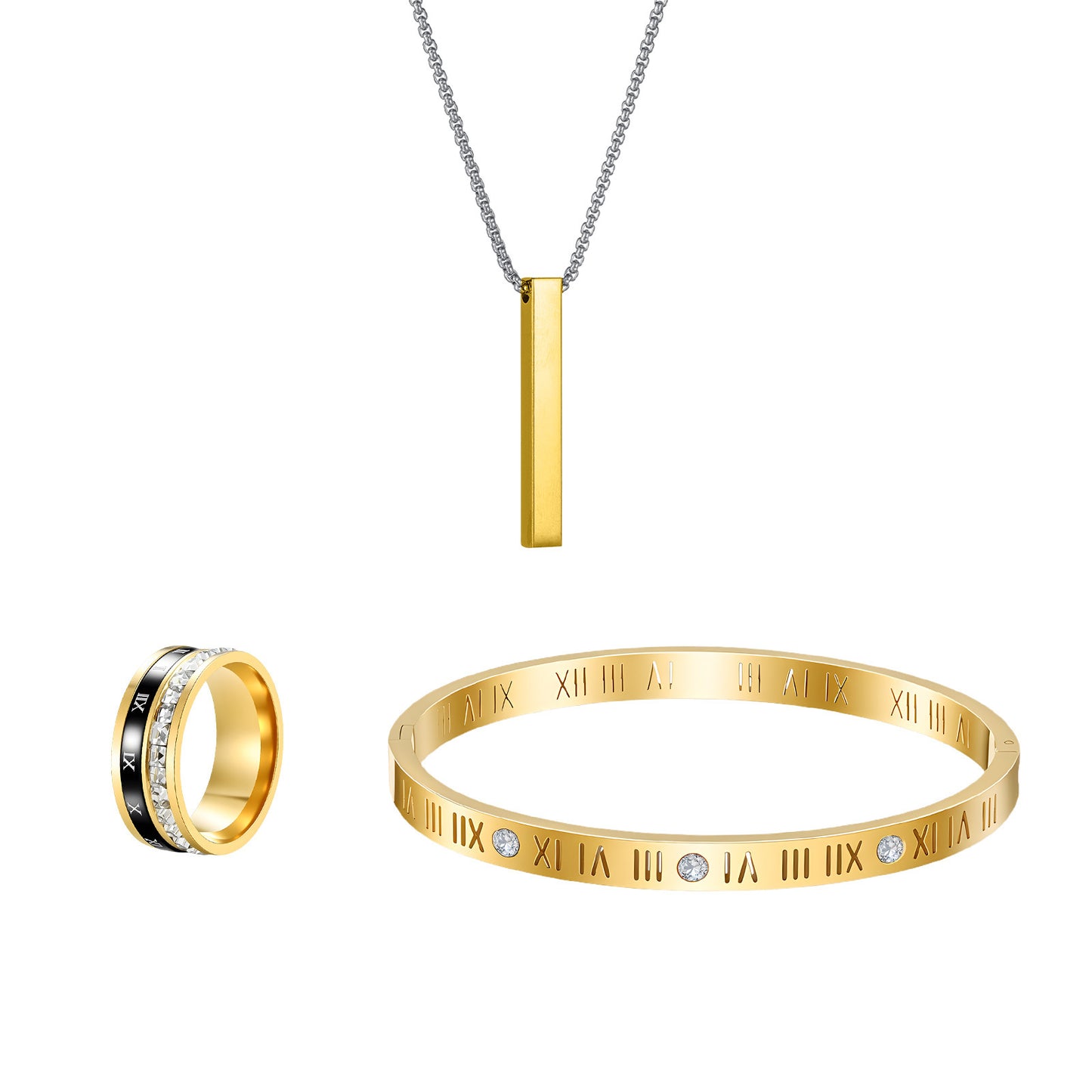 Roman Numeral Ring Bracelet Necklace Set by Planderful Everyday Genie Stainless Steel Personalized Jewelry for Women