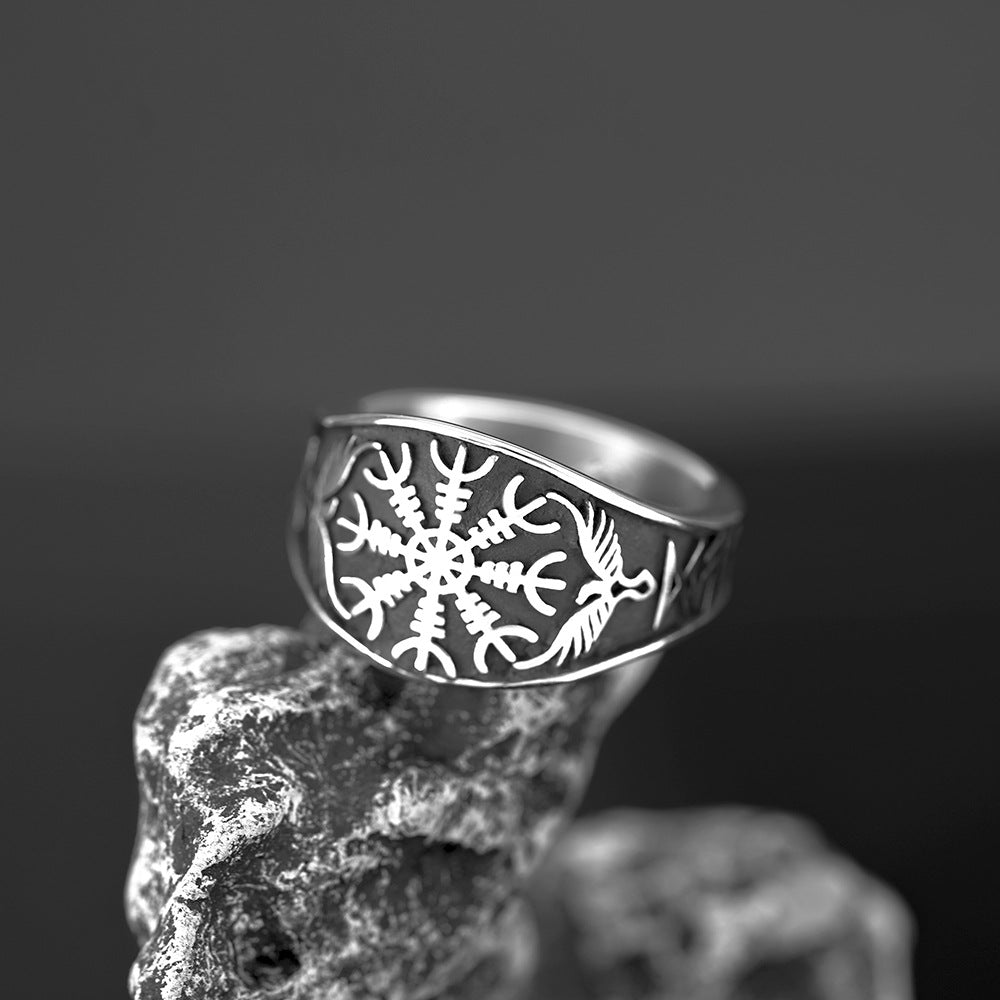 Planderful Viking Rune Ring For Men Personalized Celtic Compass Crow Design In Titanium Steel