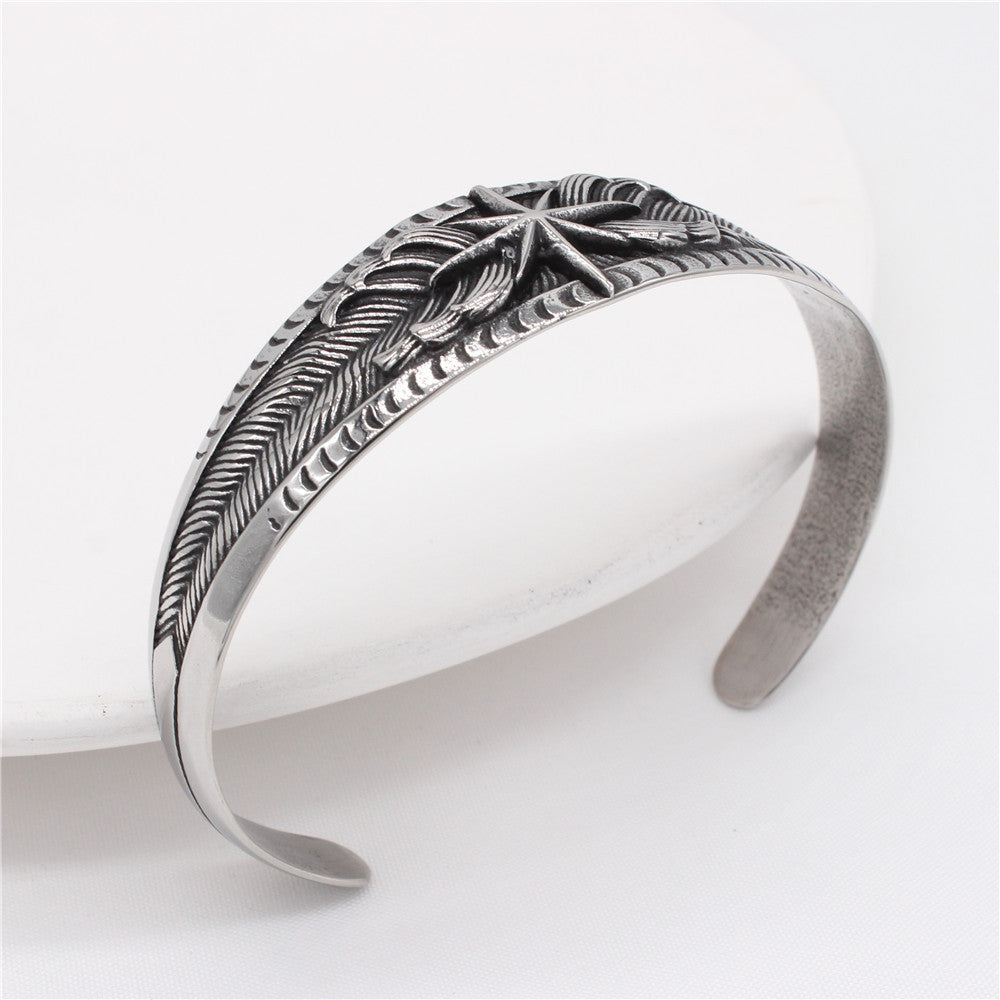 Titanium Steel Bracelet Unisex Bold Retro Feather Lion Star Design For Men And Women By Planderful Jewelry