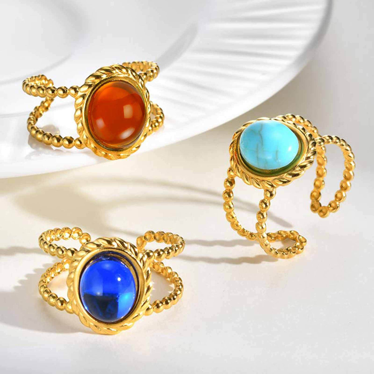 Stainless Steel Hot-Selling Geometric Lines Imitation Natural Stone Double-Layer Open Ring