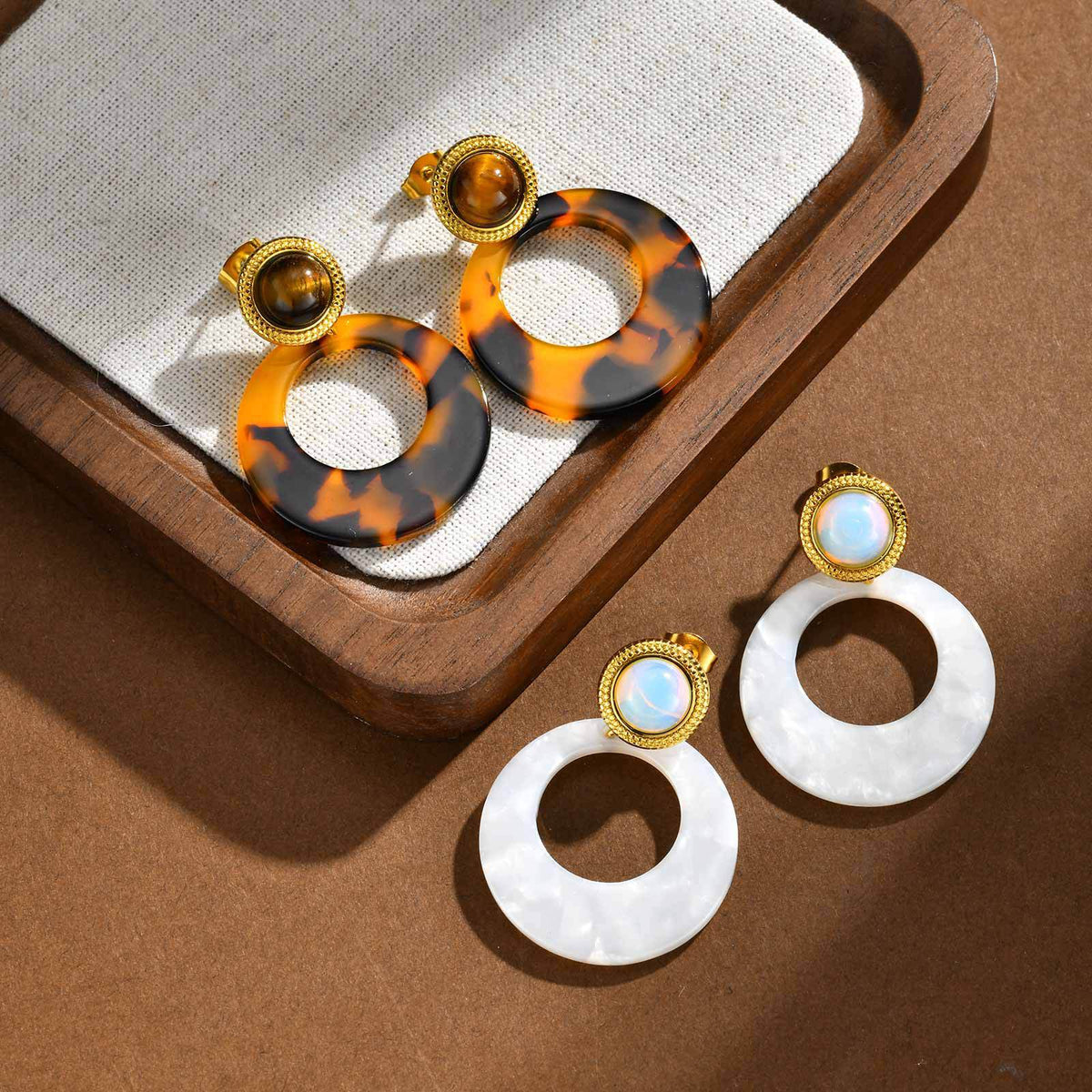 Stainless Steel Opal Tiger's Eye Vintage Earrings