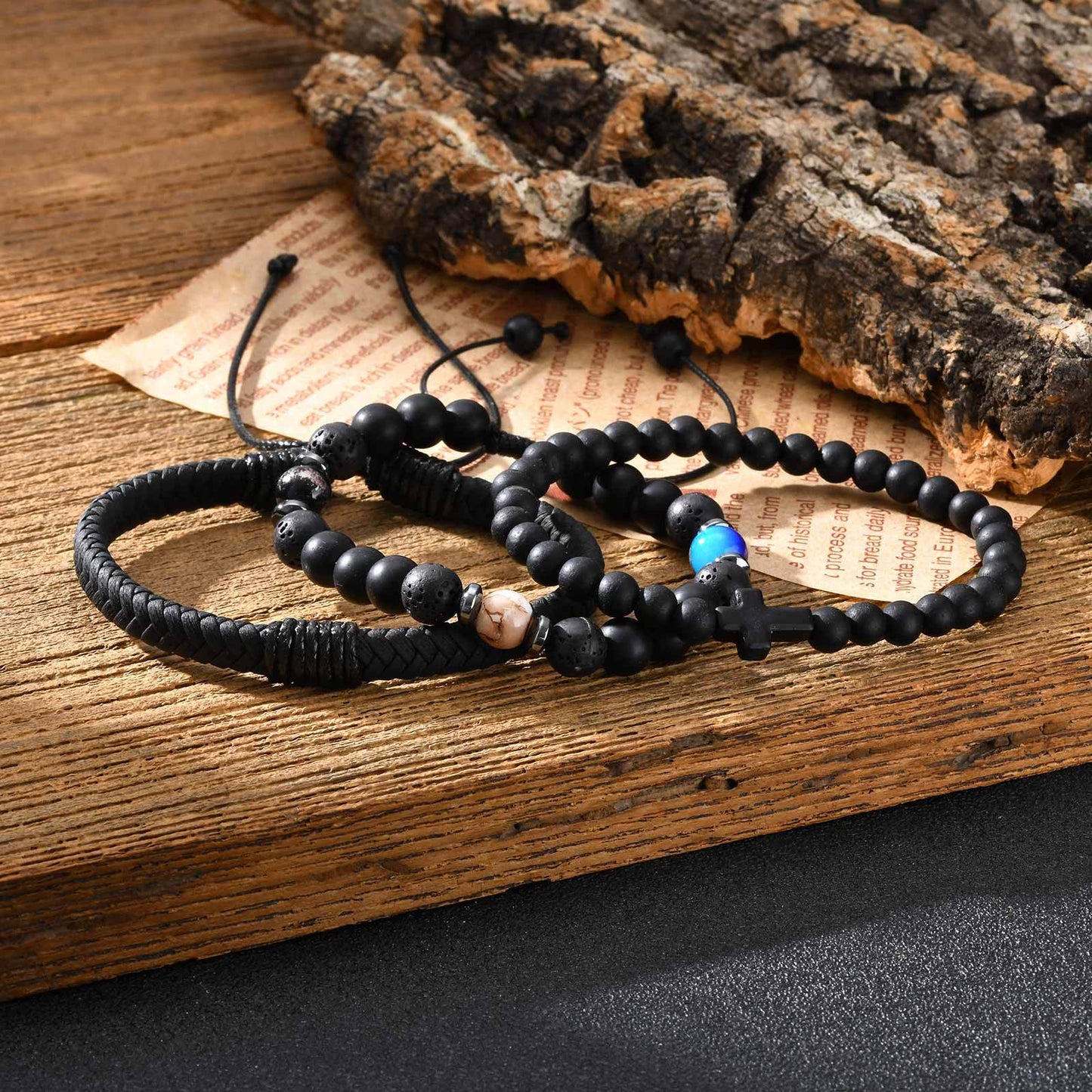 Planderful Devil Eye Black Agate Beaded PU Skin Bracelet Men