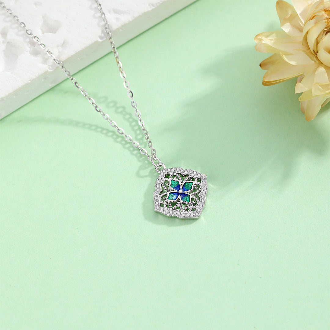 Planderful Sterling Silver Four Leaf Clover Pendant Necklace For Women Light Luxury Lace Collarbone Chain