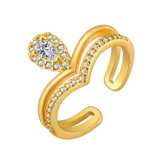Ladies Gold Copper Zircon Quadrangram Water Drop Leaf Open Ring Jewelry