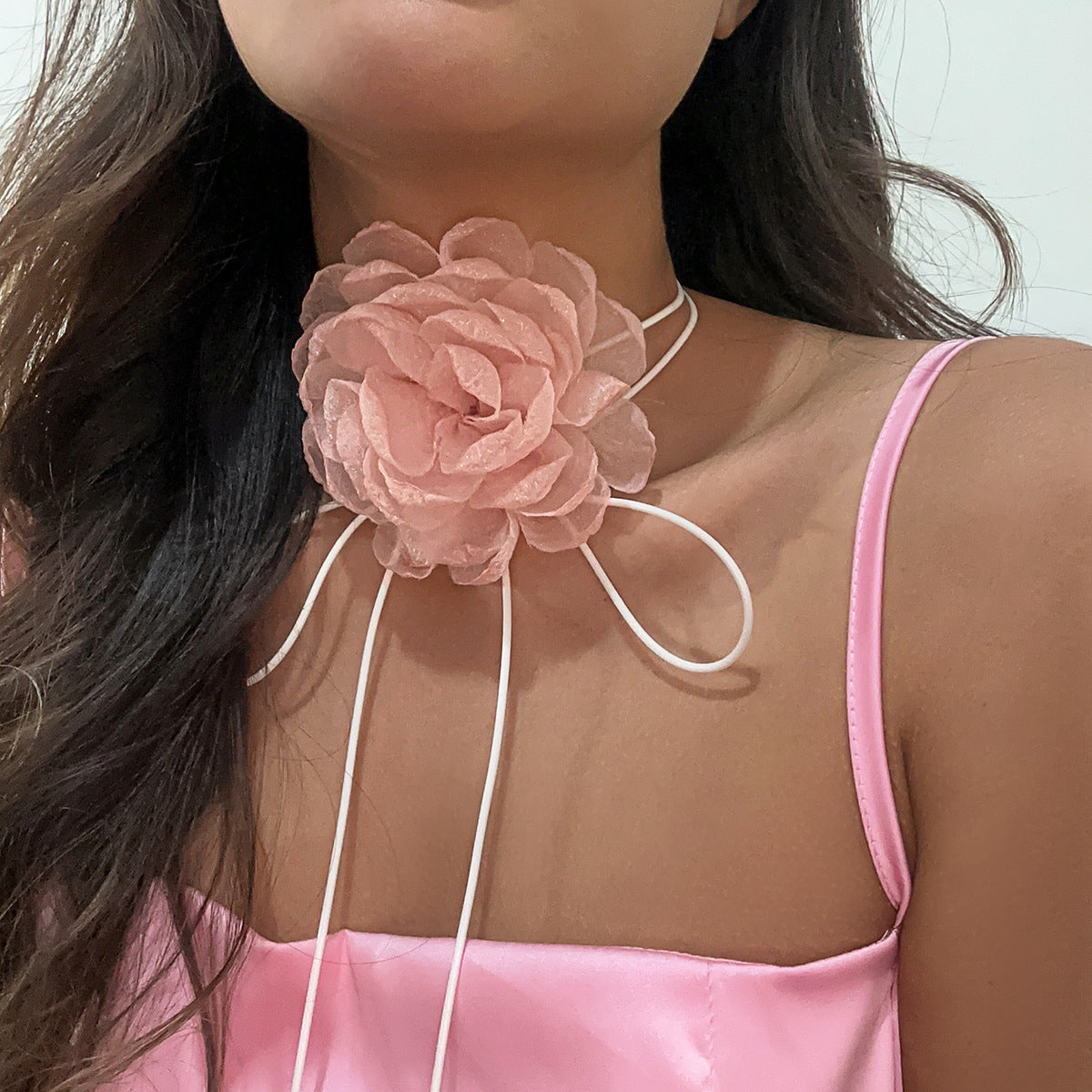 Exquisite Handmade Mesh Flower Choker Necklace with Custom Ribbon Closure, Large Blossom, High-Quality Imported Jewelry