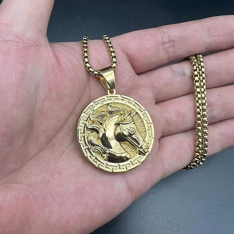 Planderful Gold Plated Stainless Steel Horse Head Pendant Necklace Polished For Hip Hop Fans