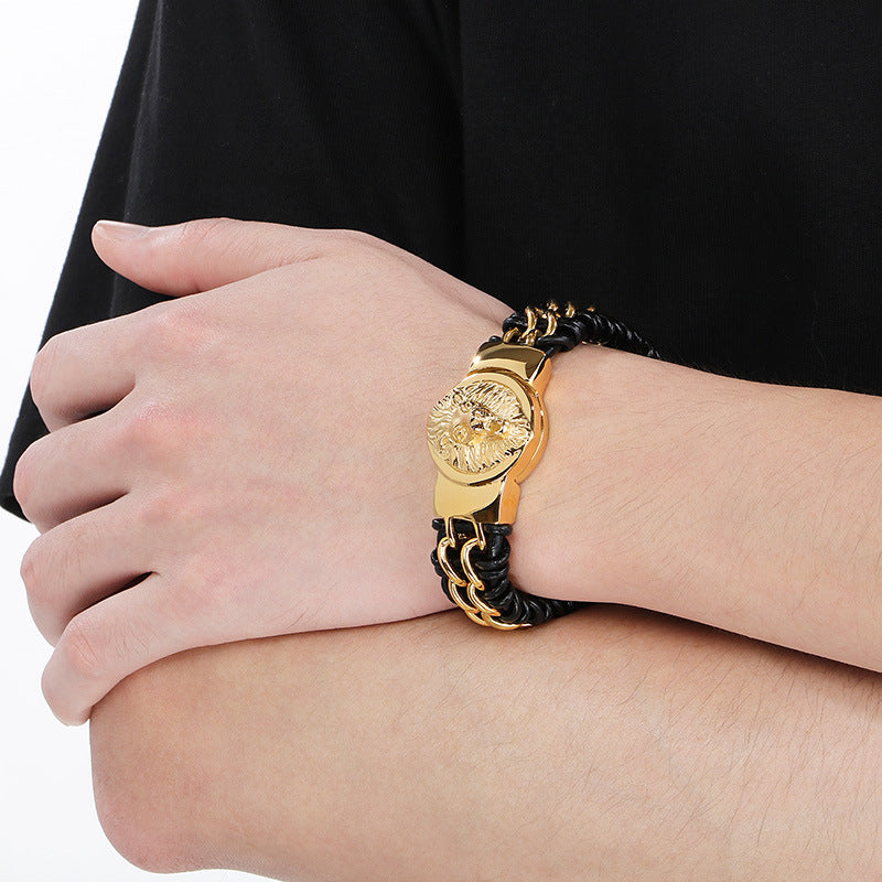 Wolf Head Bracelet – Punk Animal Lion Head Magnet Buckle Titanium Steel Woven Leather