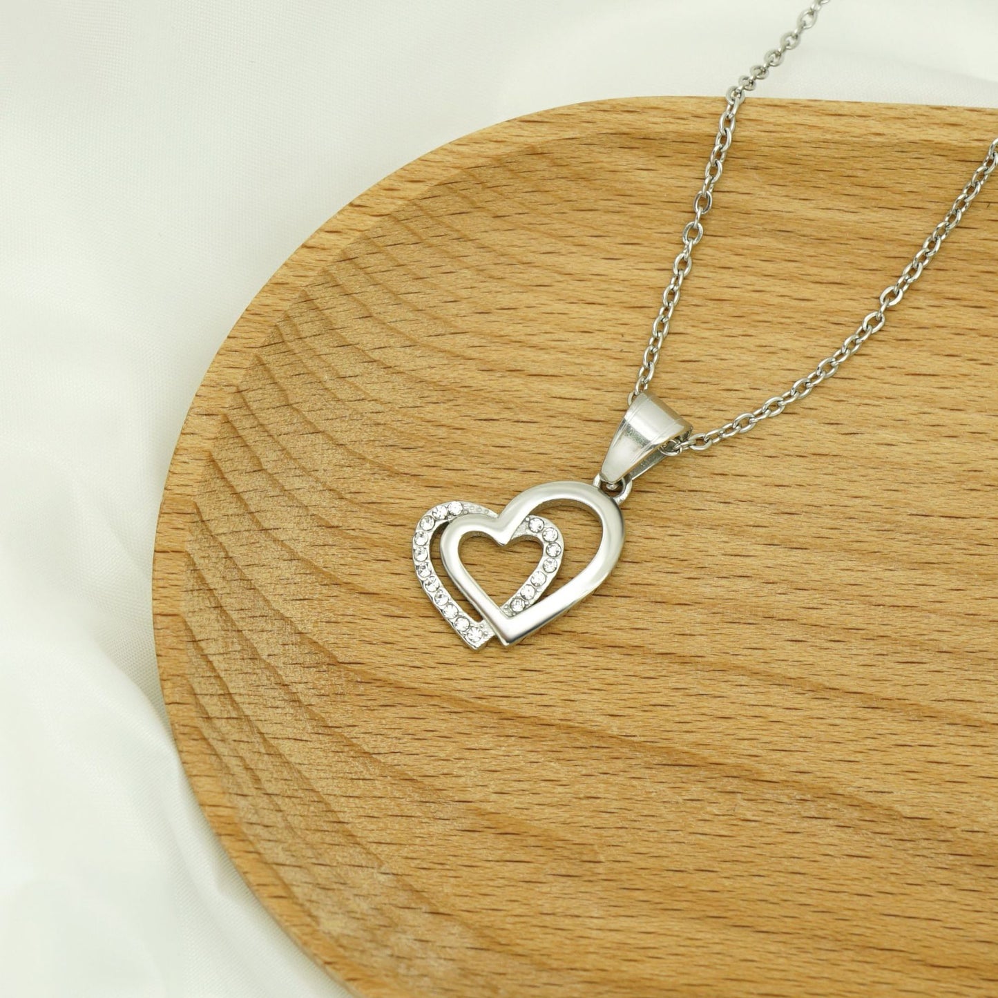 Planderful Double Heart Necklace Titanium Steel Pendant With Zircon For Her Elegant Versatile Gift