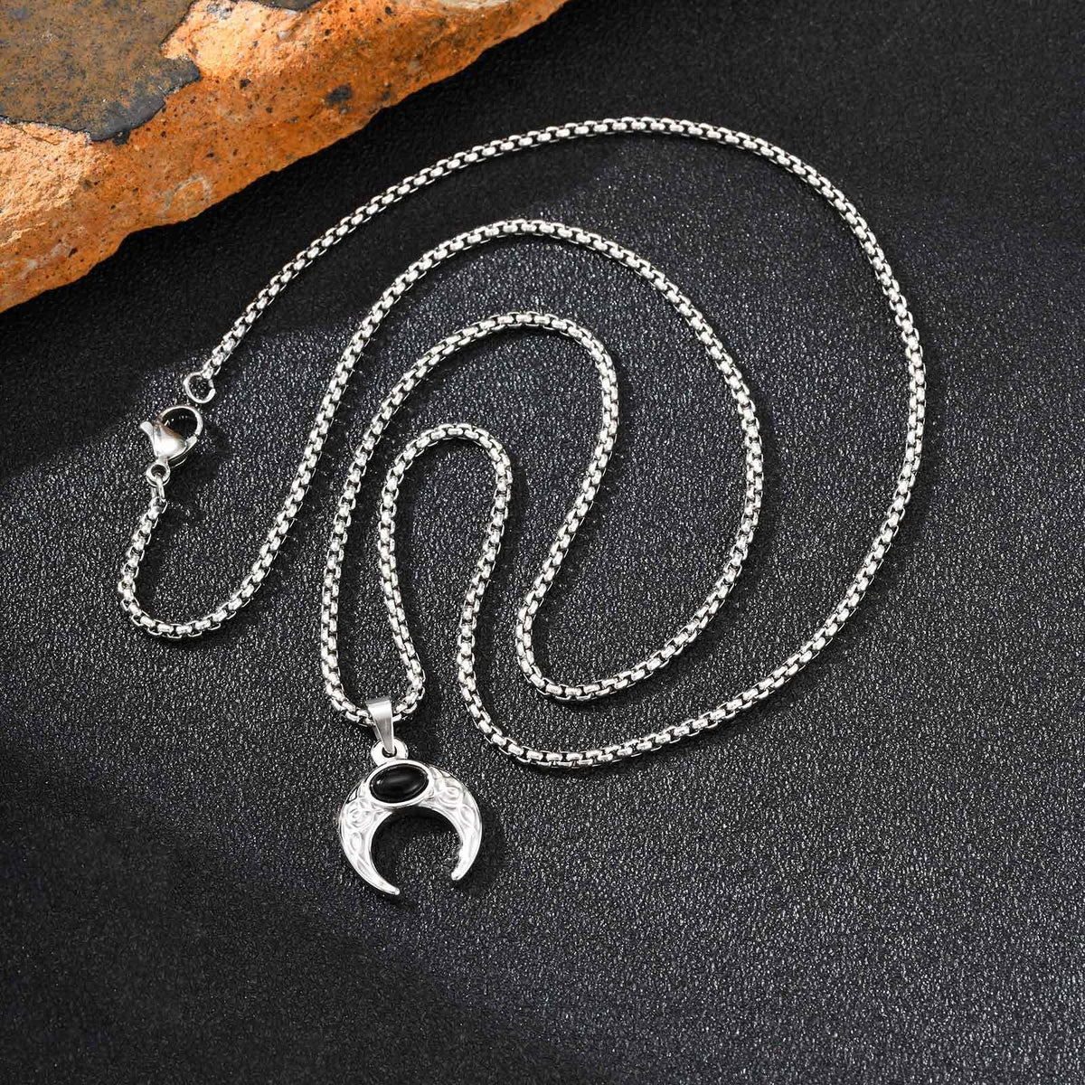 Men's Stainless Steel Turquoise Moon Pendant Necklace
