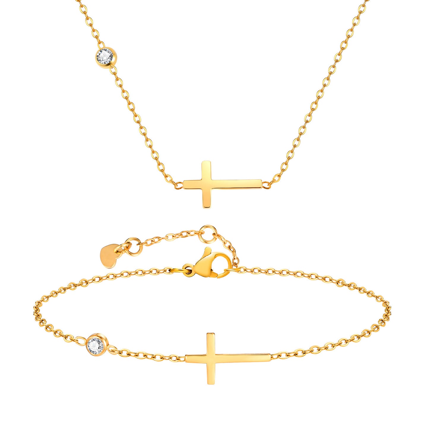 Stainless Steel Cross White Zircon Gold Necklace Bracelet Female