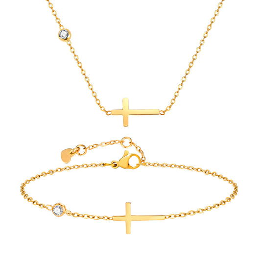 Stainless Steel Cross White Zircon Gold Necklace Bracelet Female