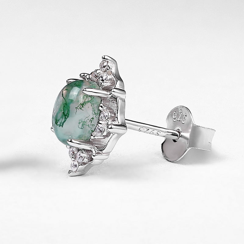S925 Sterling Silver Moss Agate Openwork Stud Earrings