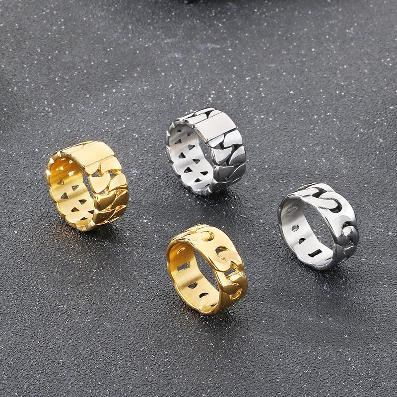 Planderful Mens Hollow Ring 18K Gold Titanium Cuban Chain