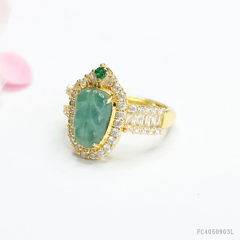 Blue Water Jadeite Leaf Pavé-Style Ring