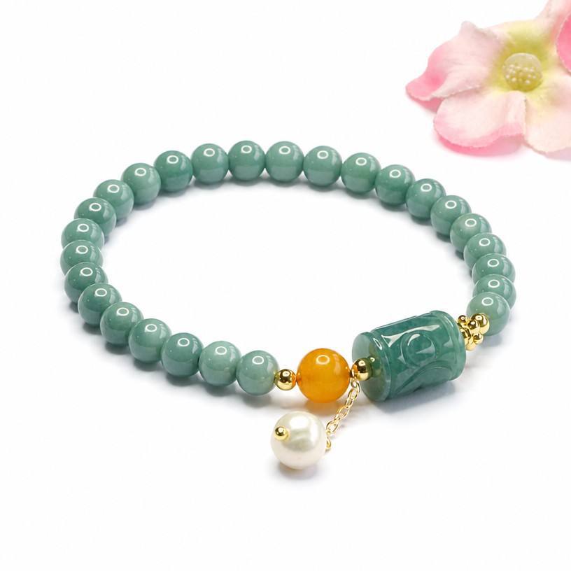 Blue Water Jadeite Barrel Bead Beaded Bracelet