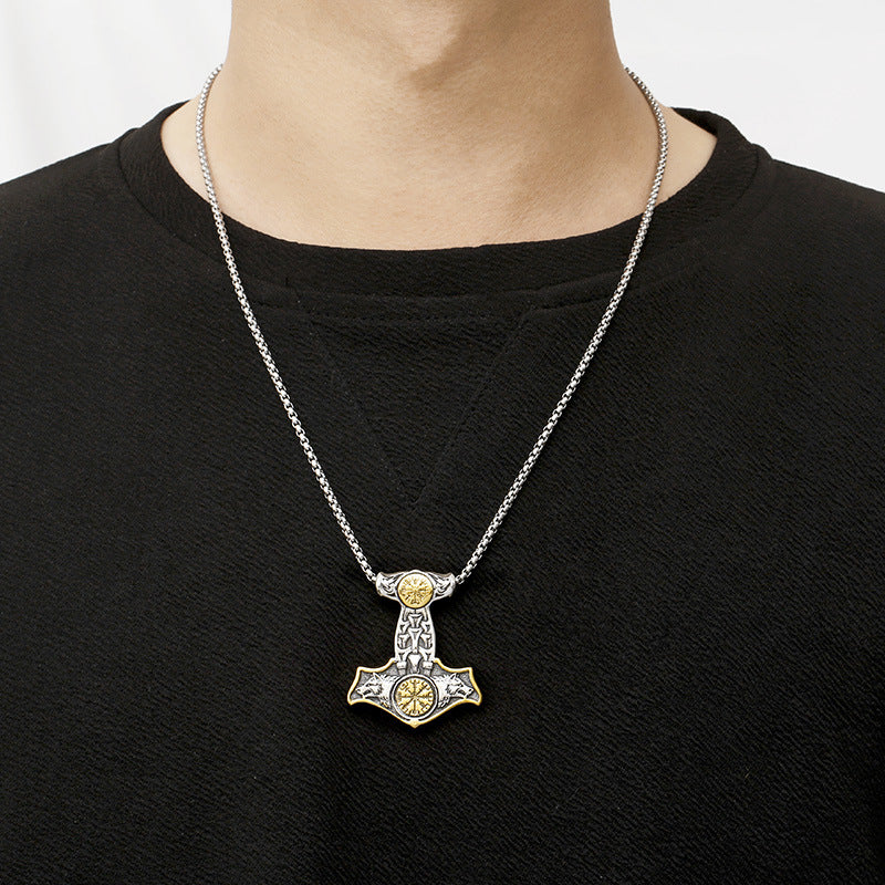 Viking-Inspired Stainless Steel Double Wolf Pendant with Thor's Hammer Compass Rune for Men