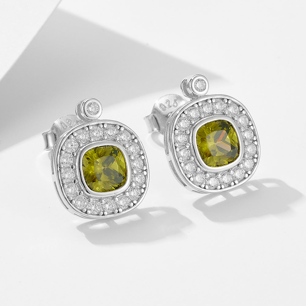 S925 Sterling Silver Retro Court Olive Green Zircon Stud Earrings Geometric Oval Inlaid
