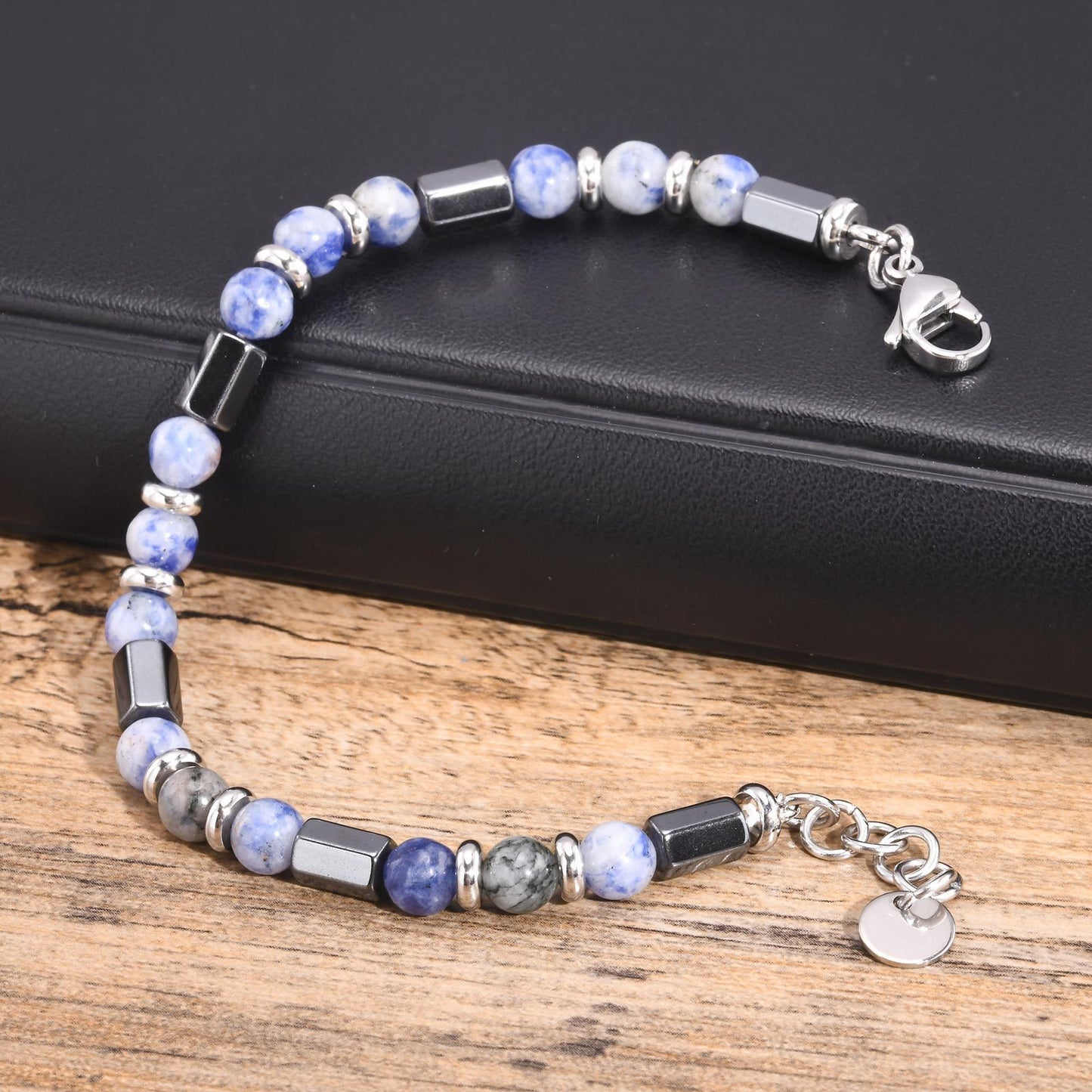 Men's Jewelry Stainless Steel Blue Stone Hexagonal Bracelet